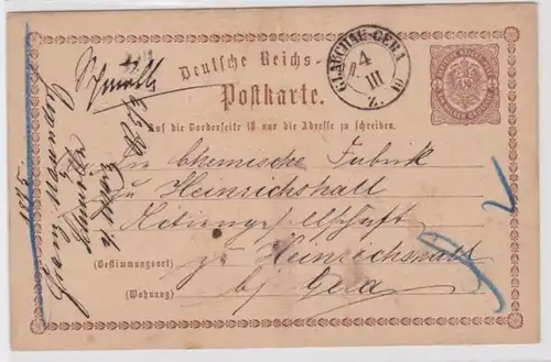 96972 DR Ganzsachen Postkarte P1 Glauchau-Gera an die Fabrik Heinrichshall 1873