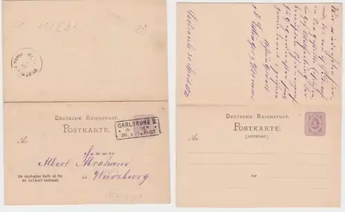 96190 DR Ganzsachen Postkarte P7I/01 Carlsruhe nach Würzburg 1877