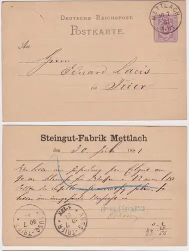 95600 DR Ganzsachen Postkarte P10 Zudruck Steingut-Fabrik Mettlach 1881
