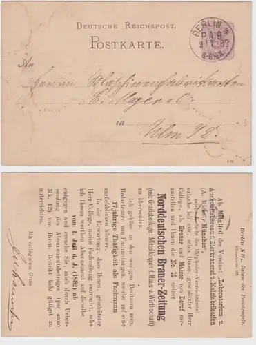 87661 Ganzsachen Postkarte P12 Zudruck Norddeutsche Brauer-Zeitung Berlin 1882