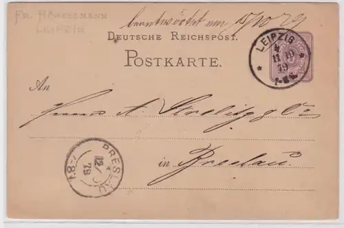 74941 DR Ganzsachen Postkarte P5 Fr. Hörselmann Leipzig nach Breslau 1879