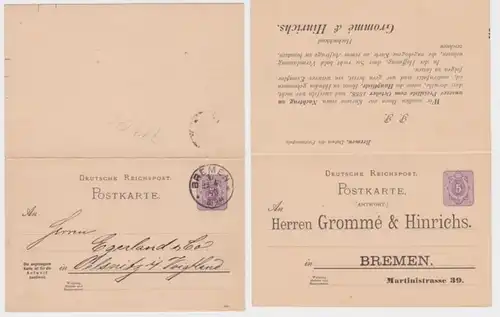 41665 DR Ganzsachen Postkarte P19 Zudruck Grommé & Hinrichs Bremen 1890