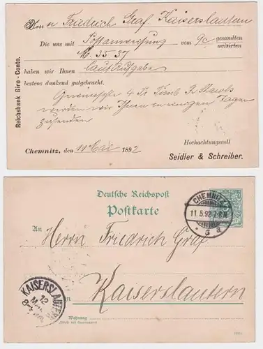 15140 DR Ganzsachen Postkarte P30 Zudruck Seidler & Schreiber Chemnitz 1892