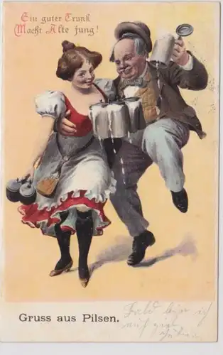94646 Ak Gruse de Pilsen 'Une bonne boisson rend les vieux jeunes!' 1909