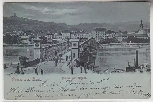 68663 Mondscheinkarte Gruß aus Linz Brücke und Urfahr 1899