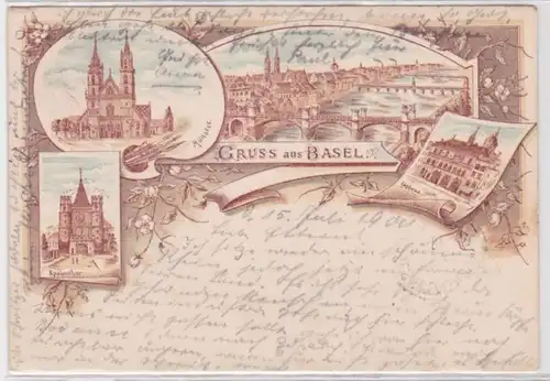 90425 Ak Lithographie Gruss de Basel Spalenthor, Münster, Hôtel de ville 1900
