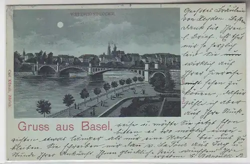 68072 Mondscheinkarte Gruß aus Basel Wettsteinbrücke 1898