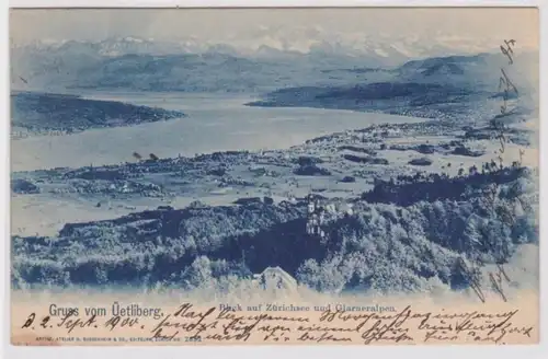 70353 Ak Gruss de Üetliberg Vue sur le lac de Zurich et Glargeneralpen 1900