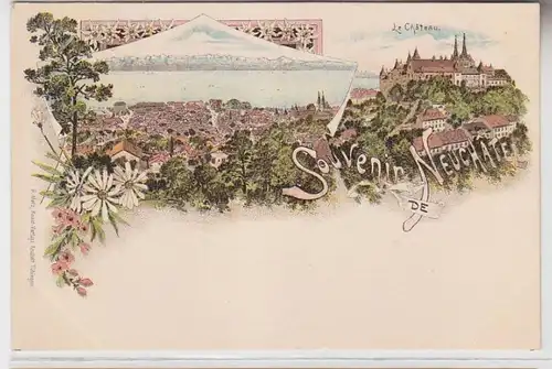67175 Ak Lithographie Souvenir de Neuchâtel Neuebourg en Suisse vers 1900