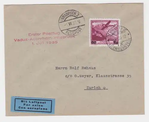 92390 FLUGPOST I. Postflug Vaduz-Altenrhein-Innsbruck 1. Juli 1935 nach Zürich