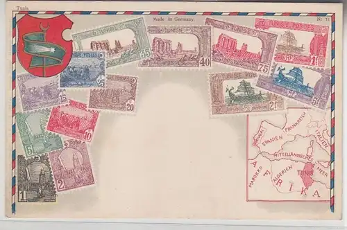 03120 Wappen Ak Tunesien Tunisie mit Briefmarken um 1900