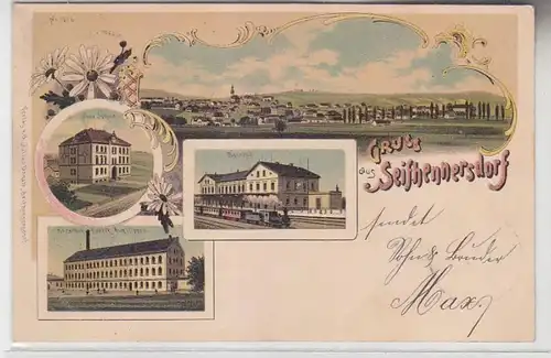 04847 Ak Lithographie Gruß aus Seifhennersdorf Bahnhof, Schule, Fabrik 1900