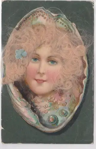 05801 Echt-Haar-Ak Portät von Mädchen mit blonden Locken und Blume im Haar 1909