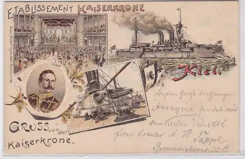 07451 Ak Lithographie Salutation de l'établissement Kiel Königskrone 1898