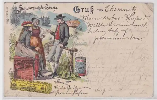 07633 Publicité AK Salutation de Chemnitz, Forêt Noire Tracht Seelig Café Malt 1901