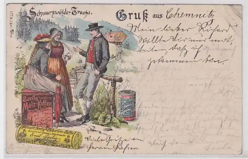 07633 Reklame AK Gruß aus Chemnitz, Schwarzwälder Tracht Seelig Malz-Kaffee 1901