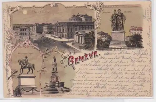 09898 Ak Lithographie Souvenir de Genève Genève Monument national et Dufour 1903