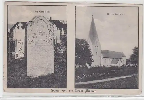 11464 Mehrbild Ak Gruß von der Insel Amrum alter Grabstein, Kirche im Nebel 1913