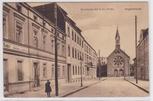 14664 Ak Angermünde Karlstrasse mit katholischer Kirche 1918