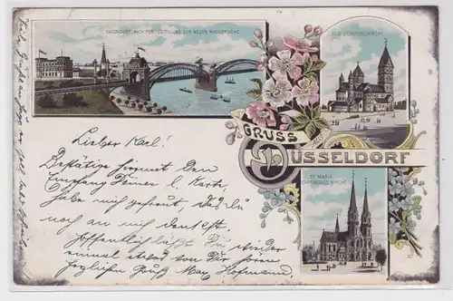 18960 AK Gruss de Düsseldorf - Neue Rheinbrücke, St. Rochuskirche Bahnpost 1899