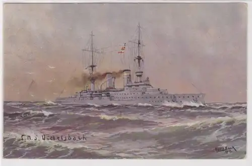 28772 Artiste Ak navire de guerre SMS 'Wittelsbach' dans les eaux intérieures 1915