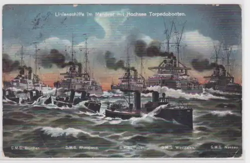 28963 Ak navires de ligne en manœuvre avec torpilles haute mer SMS Blücher etc. 1912