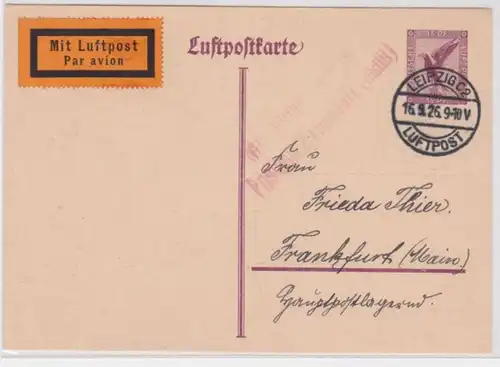 29861 entier Carte postale aérienne Leipzig vers Postamt 2 Francfort-sur-le-Main 1926