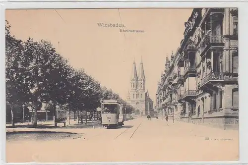 36322 Ak Wiesbaden Rheinstrasse avec tramway vers 1900