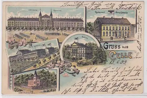 38898 Ak Lithographie Gruß aus Celle Restaurant, Kaserne usw. 1899