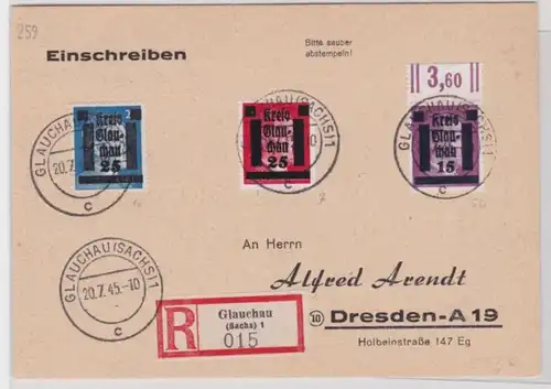 41857 Édition locale allemande Glauchau R Lettre Glauchou après Dresde 1945