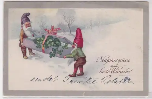 64512 AK Salut du Nouvel An et meilleur souhait - 2 nains portent un cadeau de trèfle 1919