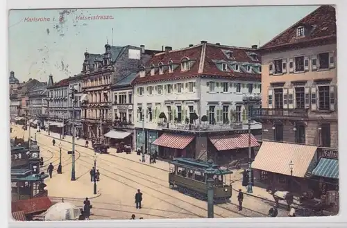 65470 AK Karlsruhe à Baden - Kaiserstrasse avec tramway et magasins 1907