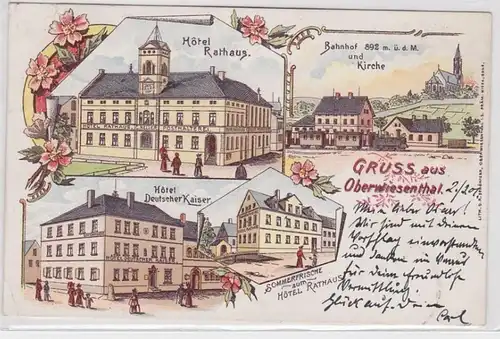 67998 Ak Lithographie Gruß aus Oberwiesenthal Hotel, Bahnhof usw. 1901