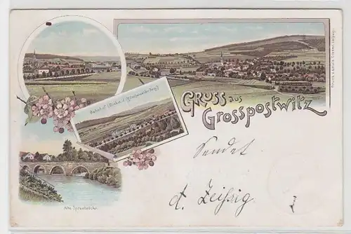 68128 Ak Lithographie Gruß aus Großpostwitz Bahnhof usw. 1898
