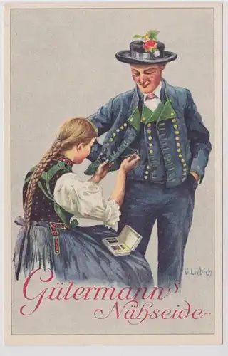 68136 Publicité AK Gütermann's Sage à coudre - Dame répare la veste d'un homme vers 1940