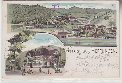 68867 Ak Lithographie Gruss aus Herrlingen Gasthof zum goldenen Kreuz um 1900