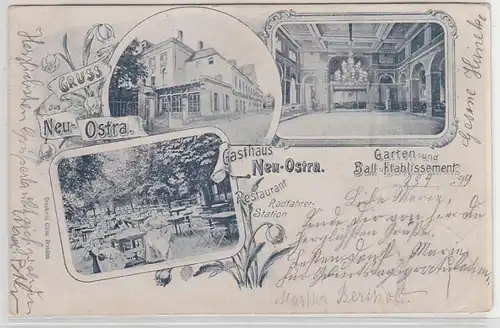 70127 Ak Gruß aus Neu-Ostra Gasthaus Restaurant Radfahrerstation 1899
