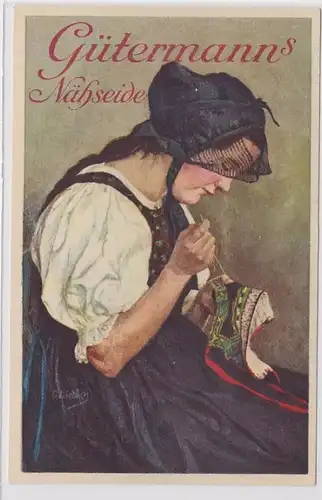 70304 Publicité AK Gütermann's Sage à coudre - Dame à couture en costume vers 1940