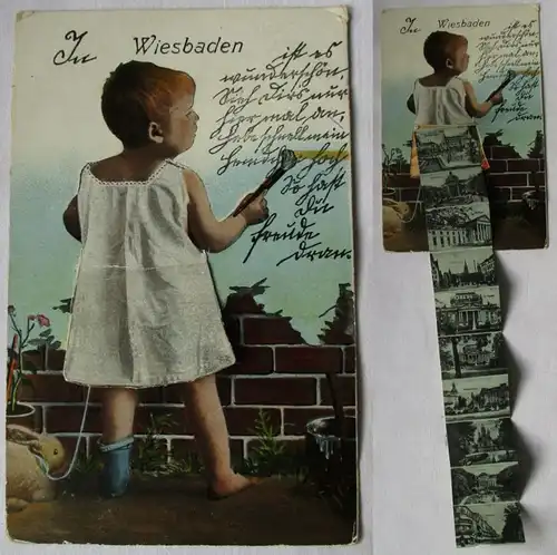 70509 Leporello Ak Gruss de Wiesbaden, enfant peint sur le mur 1921