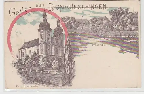 70553 Ak Salutation de Donaueschingen Eglise municipale, île de Paons vers 1900