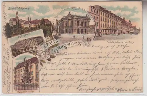 71002 Ak Lithographie Gruss de Augsburg Hotel zum Morhen, Fuggerhaus e.a. 1899