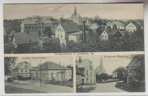 71094 Mehrbild Ak Niederfrohna bei Limbach Gasthof, Kirche mit Pfarrhaus um 1910