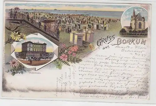 71102 Ak Lithographie Gruss aus Borkum Strand, Kirche, Villa Bodeewes 1897