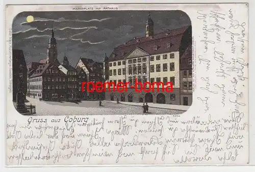 71131 Mondscheinkarte Gruss aus Coburg Marktplatz mit Rathaus 1900