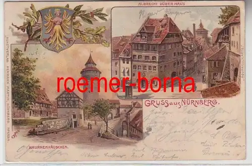 71171 Ak Lithographie Gruss de Nuremberg Brunnenhauschen et A.-Dürer-Haus 1903