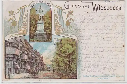 71495 Ak Lithographie Gruß aus Wiesbaden Wilhelmstraße, Kaiser Wilhelm I.Denkmal
