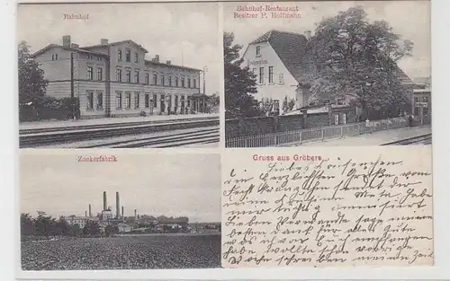 71538 Ak Gruss aus Gröbers, Mehransicht u.a. Zuckerfabrik, Bahnhof, 1909