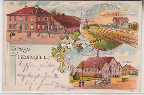 71583 Ak Lithographie Gruss aus Georgsheil Gasthof, Bahnhof, Molkerei, Postamt