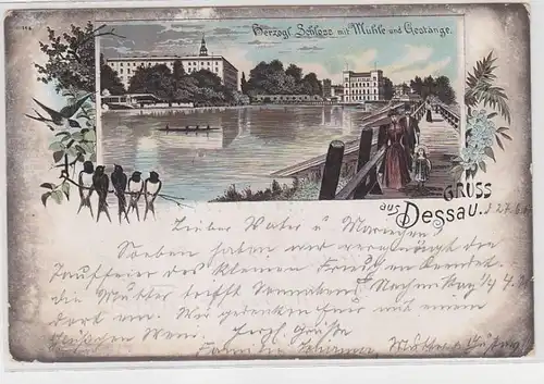 71619 Ak Lithographie Gruss aus Dessau herzogliches Schloss mit Mühle 1901