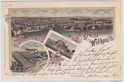 71807 Ak Lithographie Gruss aus Wilkau Badeanstalt und Kammgarnspinnerei 1899